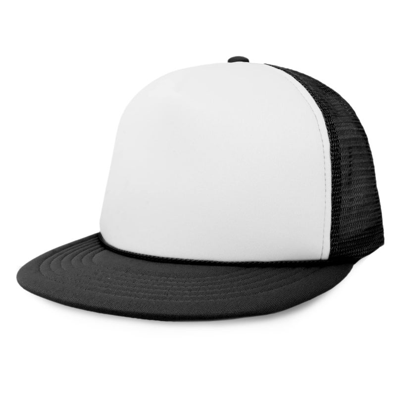 DALIX Flat Billed Trucker Cap with Mesh Back in Black-White - Image 1